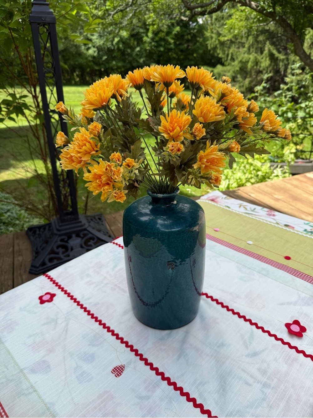 Ceramic Teal Vase with Yellow Faux Chrysanthemum Arrangement 13 inch long x6 .